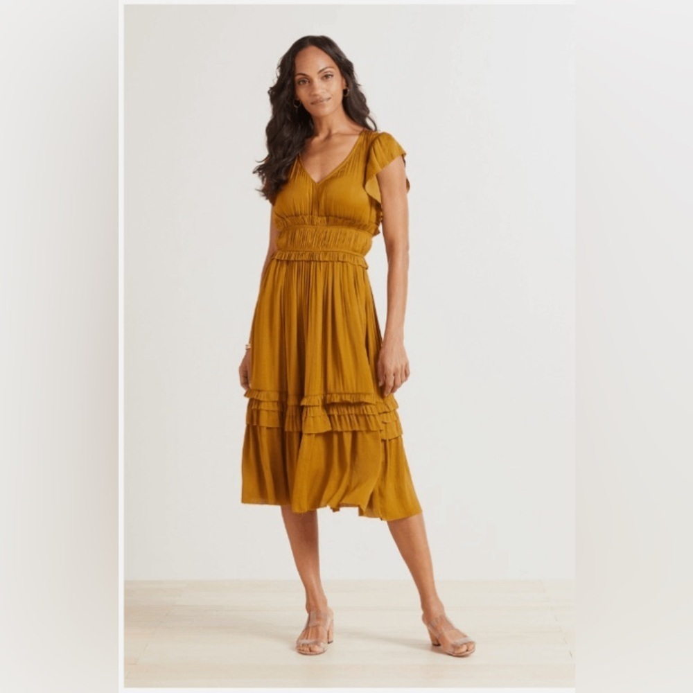 Roan + Ryan Talulah V-Neck Casual Ruffle Midi Dress Women's Yellow Gold Size S